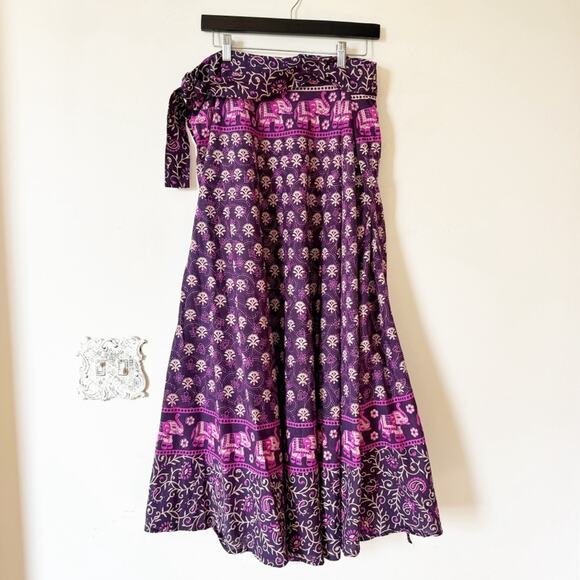 Boho Purple India Blockprint Elephant Circle Wrap Skirt M - Picture 1 of 6